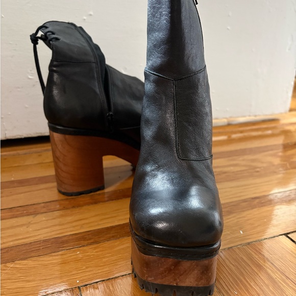 Free People Black Leather Platform Ankle Boots with Wood Heel - Picture 2 of 4